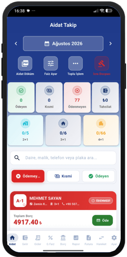 Aidat Yönetici aidat takip ekranı