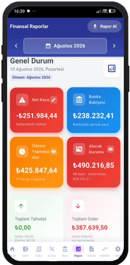 Aidat Yönetici finansal raporlar ekranı